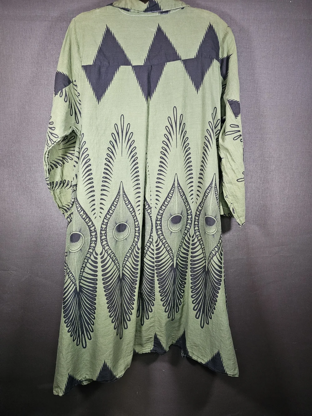 Asymmetrical Button-Front Dress in Olive Green with Black Print